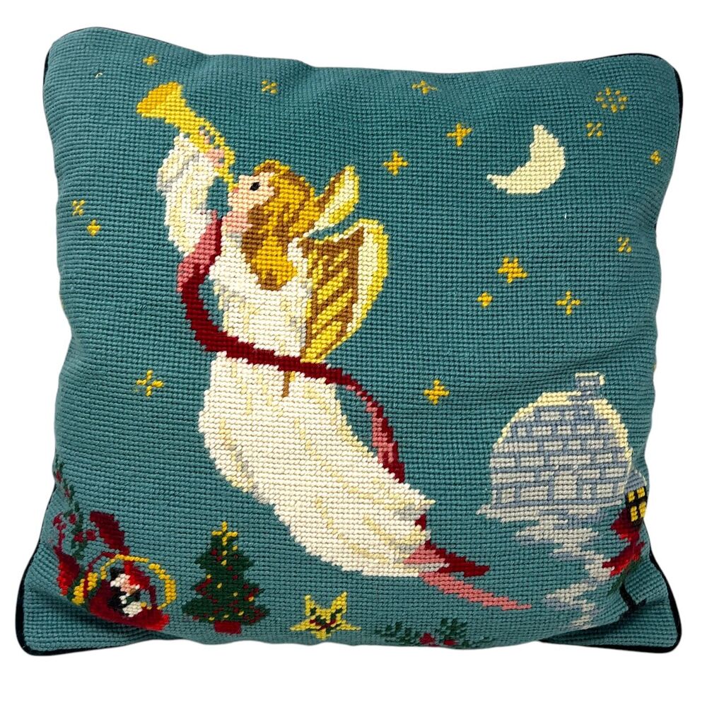 Vintage Needlepoint Throw Pillow Christmas‎ Angel Stars Tree House and Moon